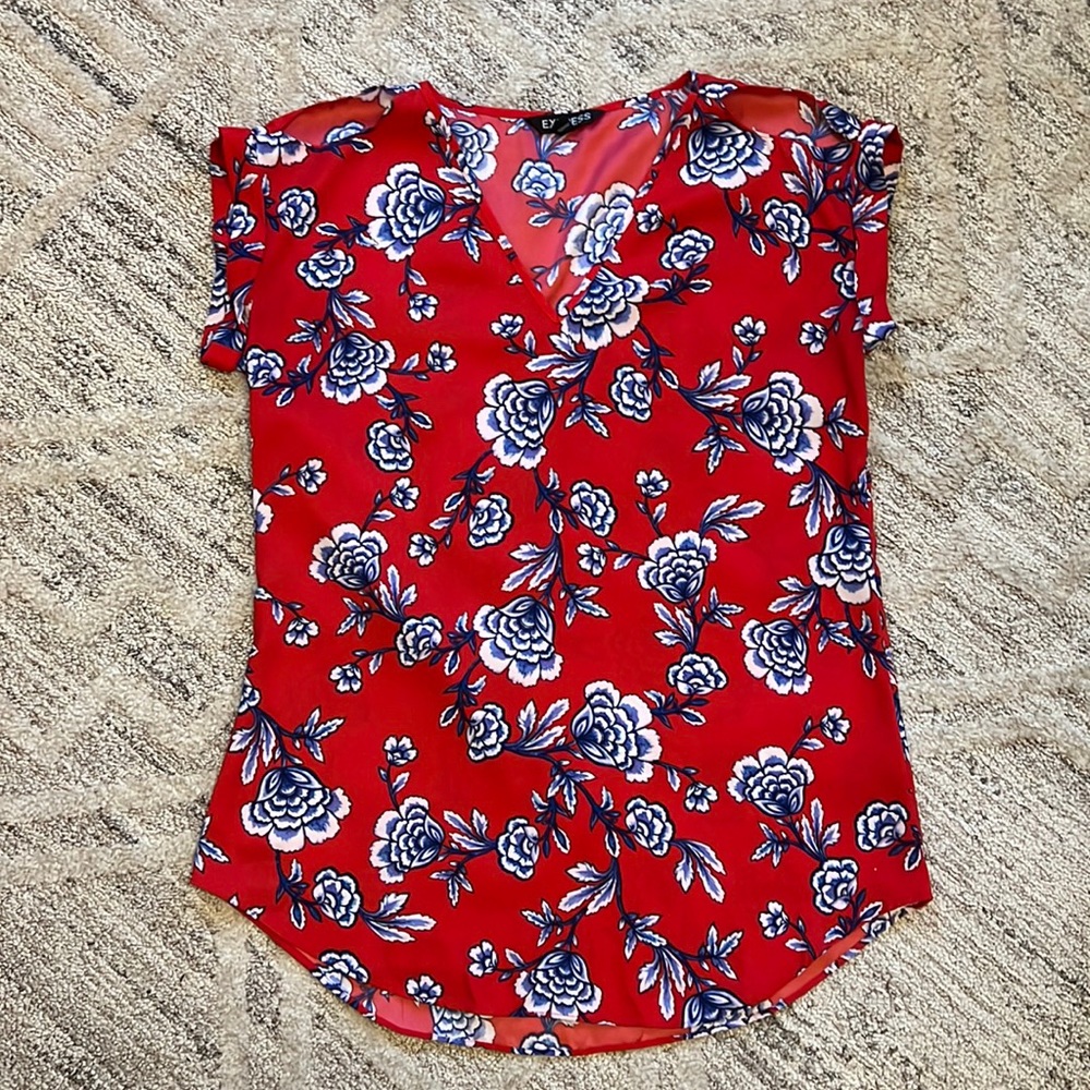 Express Blouse - Red and Blue Floral - Peep Shoulder.